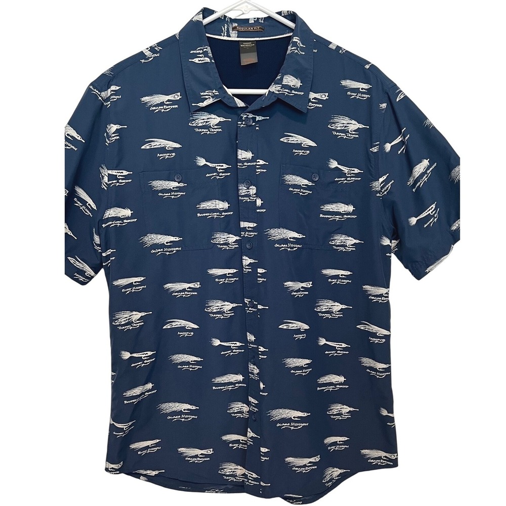 Quiksilver Waterman Mens L Button Up Shirt Navy Blue Fishing Trip Lure Fly Print